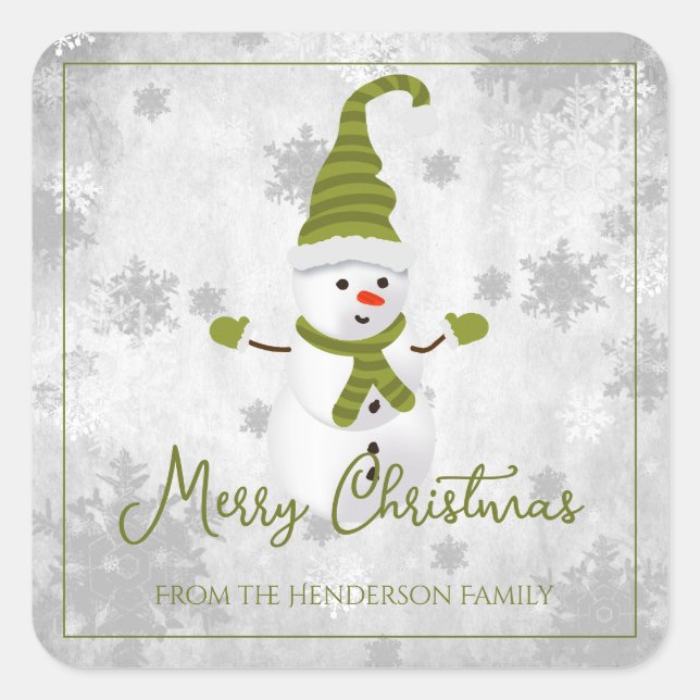Green Niedlich Snowman Weihnachtssticker Quadratischer Aufkleber (Vorderseite)