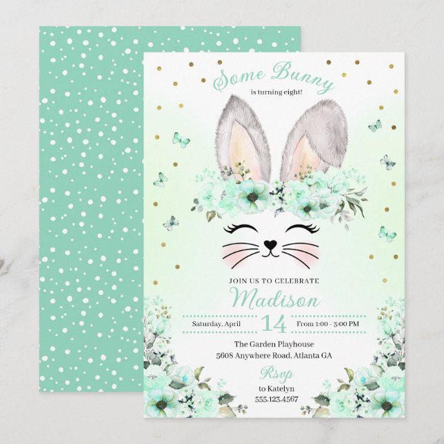 Green Oaster Bunny Blume Geburtstag Einladung (Vorne/Hinten)
