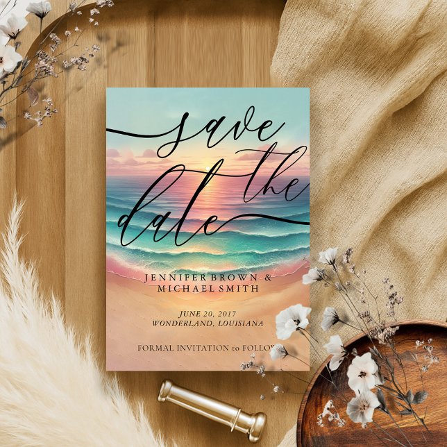 Green Ocean Beach Wasserfarbe Signature Sunny Save The Date (Von Creator hochgeladen)