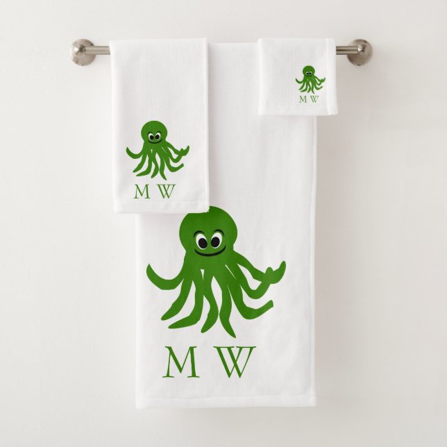 Green Octopus Design Monogrammed Badhandtuch Set (Insitu)