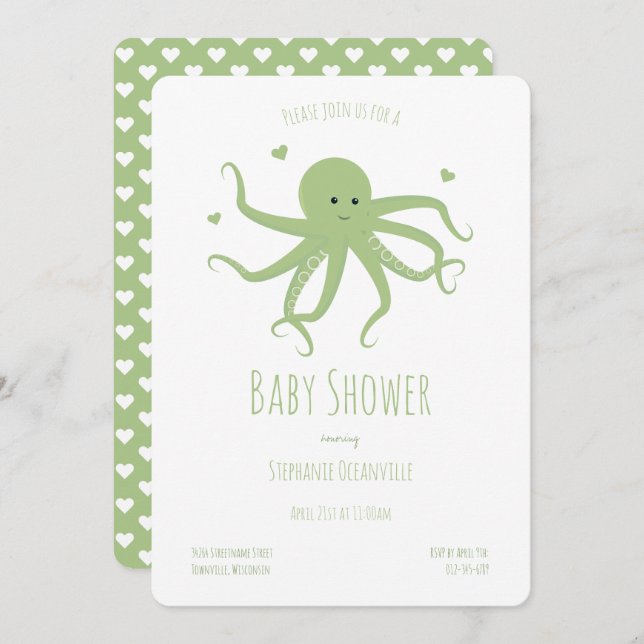 Green Octopus Hearts Cartoon Babydusche Einladung (Vorne/Hinten)