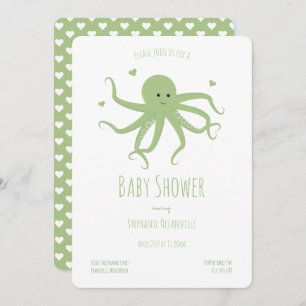 Green Octopus Hearts Cartoon Babydusche Einladung
