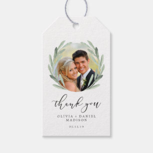 Green Olive Branch Wreath Wedding Danke Foto Geschenkanhänger