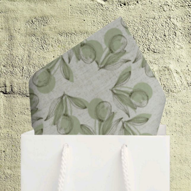 Green Olive & Leaf Pattern On Pastel Green Seidenpapier (18" x 24" tissue paper in bag)