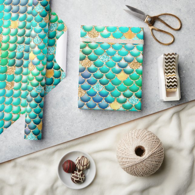 Green Ombre Foil & Gold Glitzer Mermaid Scales Geschenkpapier (Kunsthandwerk)