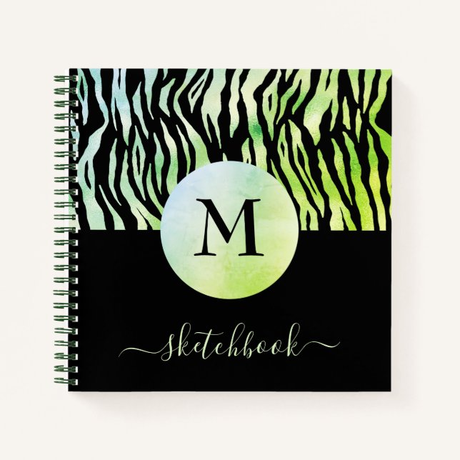 Green Ombre Glam Animal Print Monogram Sketchbook Notizbuch (Vorderseite)