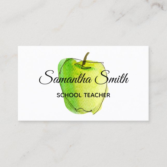 Green Ombre Watercolor Apple School Lehrer Visitenkarte (Vorderseite)