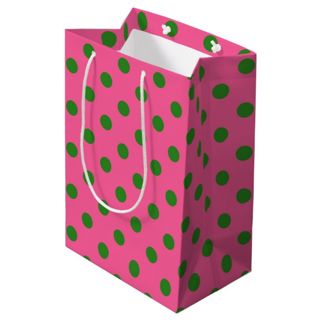 Green on Pink Polka Dots Design Mittlere Geschenktüte (Von Creator hochgeladen)