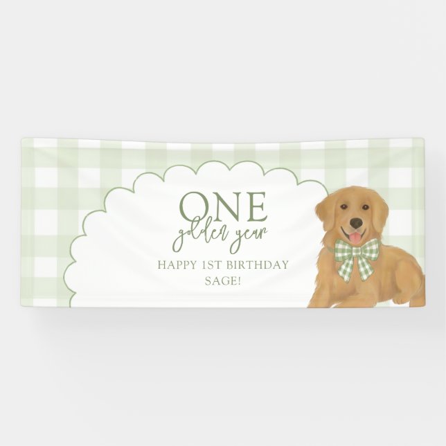 Green One Golden Year Retriever Puppy 1st Birthday Banner (Horizontal)