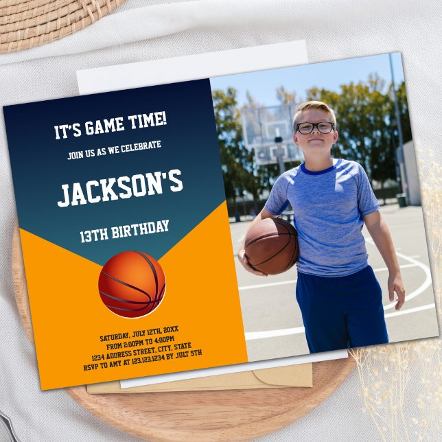 Green & Orange Basketball Einladungen mit Foto (Green Orange Basketball Invitations with photo)
