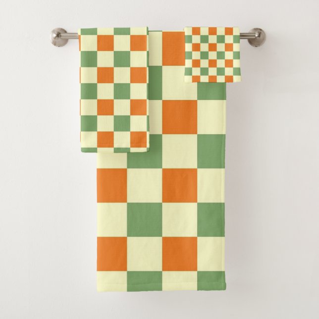 Green Orange Brown Checkered Gingham Pattern Badhandtuch Set (Insitu)