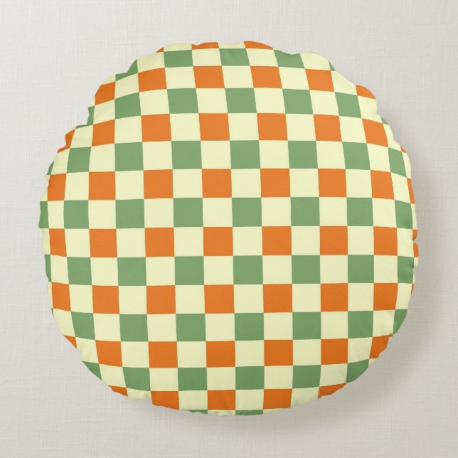 Green Orange Brown Checkered Gingham Pattern Rundes Kissen (Vorderseite)
