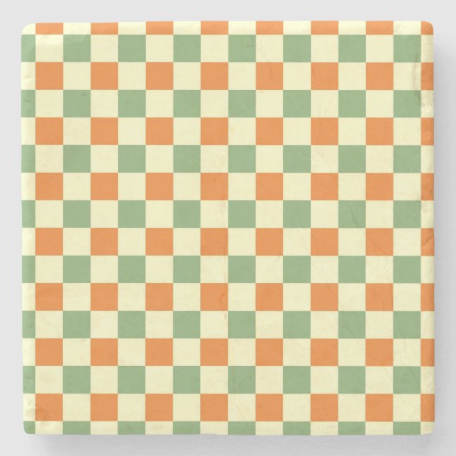 Green Orange Brown Checkered Gingham Pattern Steinuntersetzer (Vorderseite)