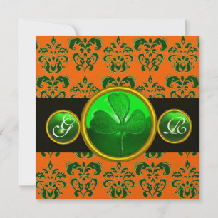 GREEN ORANGE DAMASK, KLEEBLATT MONOGRAMM schwarz Einladung
