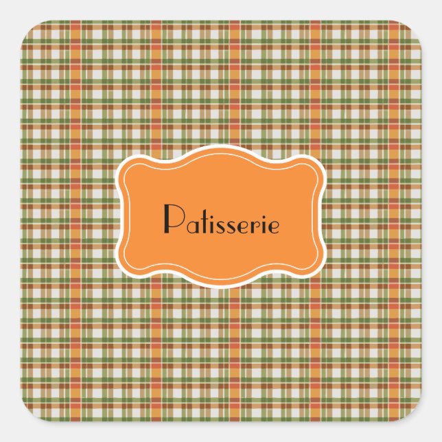 Green Orange Gingham Quadratischer Aufkleber (Vorderseite)