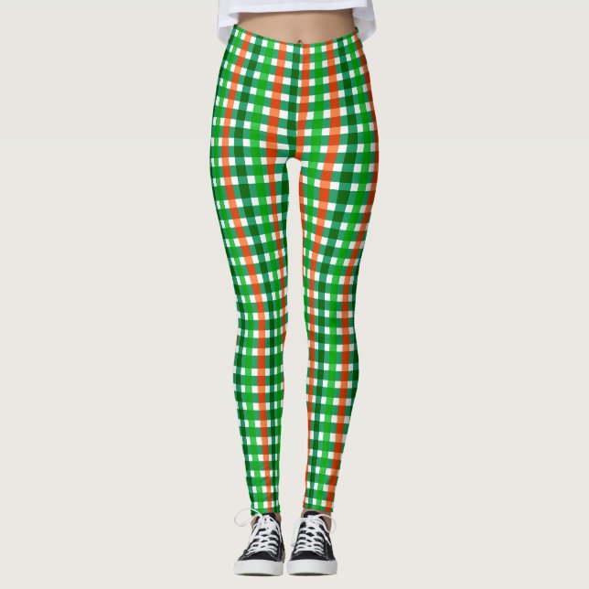 Green Orange Irish Kariert Pattern St Patricks Day Leggings (Vorderseite)