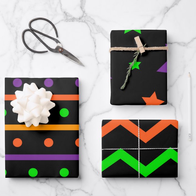 GREEN ORANGE LILA HALLOWEEN PATTER GESCHENKPAPIER SET (Vorderseite)