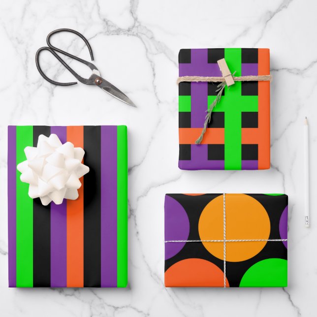 GREEN ORANGE LILA HALLOWEEN PATTER GESCHENKPAPIER SET (Vorderseite)
