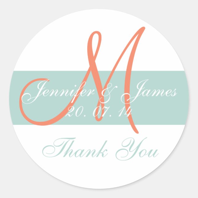 Green Orange Monogram Wedding Danke Stickers (Vorderseite)