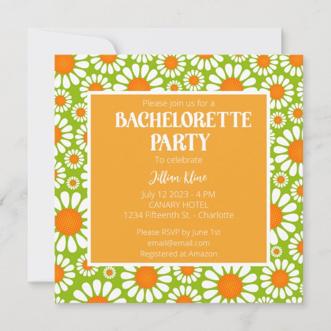 Green Orange Retro Daisy Bachelorette Itinerary Einladung (Vorderseite)
