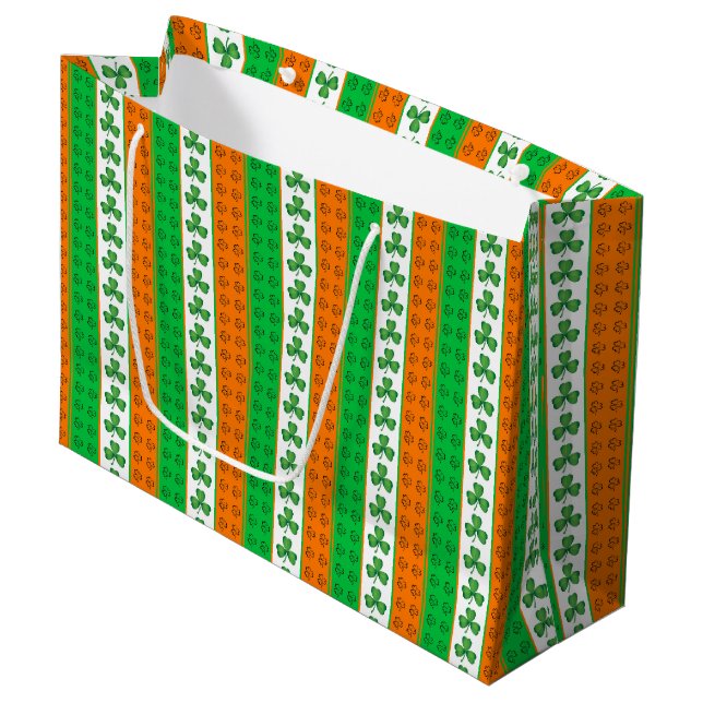 GREEN ORANGE WHITE IRISH CELTIC KLEEBLATTS GROßE GESCHENKTÜTE (Vorderseite Schrägansicht)