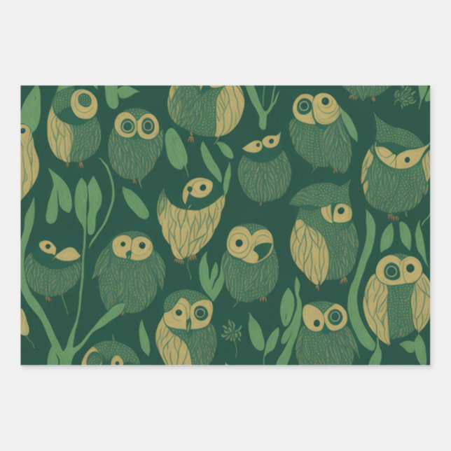 Green Owls Geschenkpapier Set (Vorderseite)