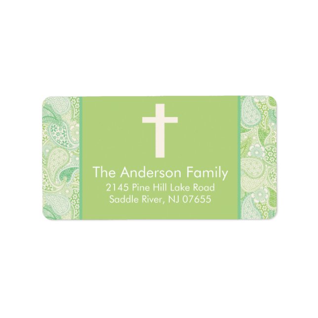 Green Paisley Cross Religious-Adressetikett Adressaufkleber (Vorne)