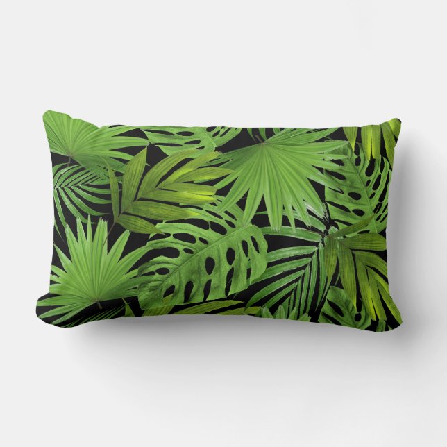 Green Palm Blätter auf Black Lendenkissen (Vorderseite)