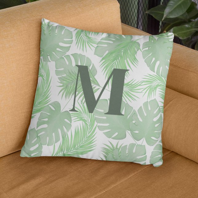 Green Palm Blätter Custom Monogram Kissen (palm leaves monogram pillow)