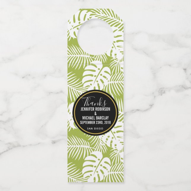 Green Palm Blätter Rainforest Pattern Hochzeit Flaschenanhänger (Vorderseite)