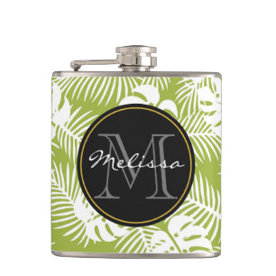 Green Palm Blätter Regenwald Muster Monogram Flachmann