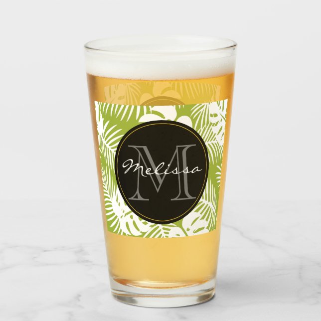 Green Palm Blätter Regenwald Muster Monogram Glas (Vorne (Gefüllt))