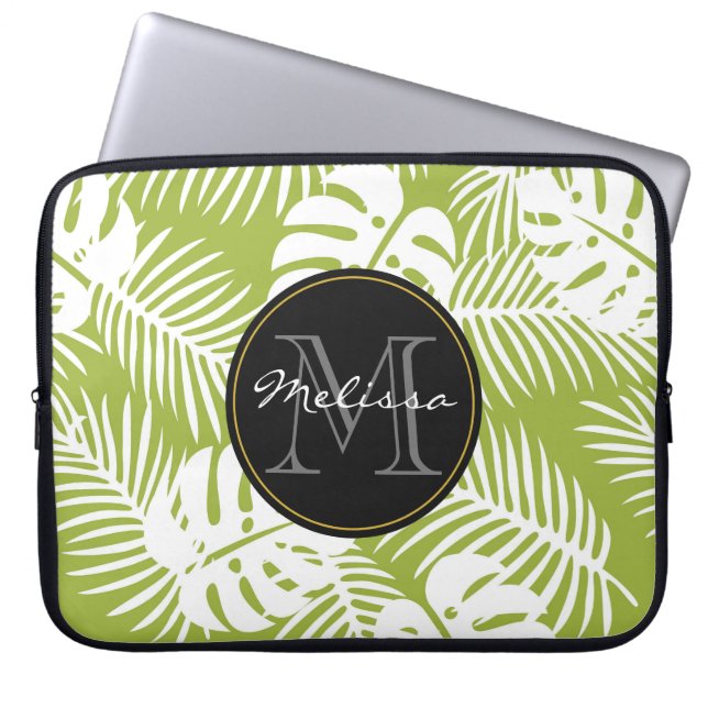 Green Palm Blätter Regenwald Muster Monogram Laptopschutzhülle (Vorderseite)