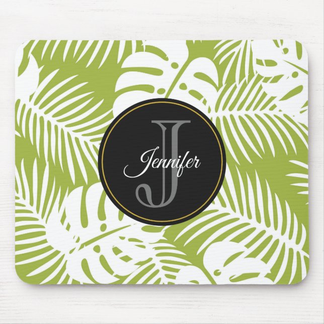 Green Palm Blätter Regenwald Muster Monogram Mousepad (Vorne)