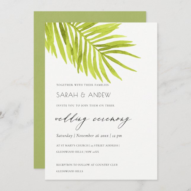 GREEN PALM LEAF WATERCOLOR FOLIAGE WEDD EINLADUNG (Vorne/Hinten)