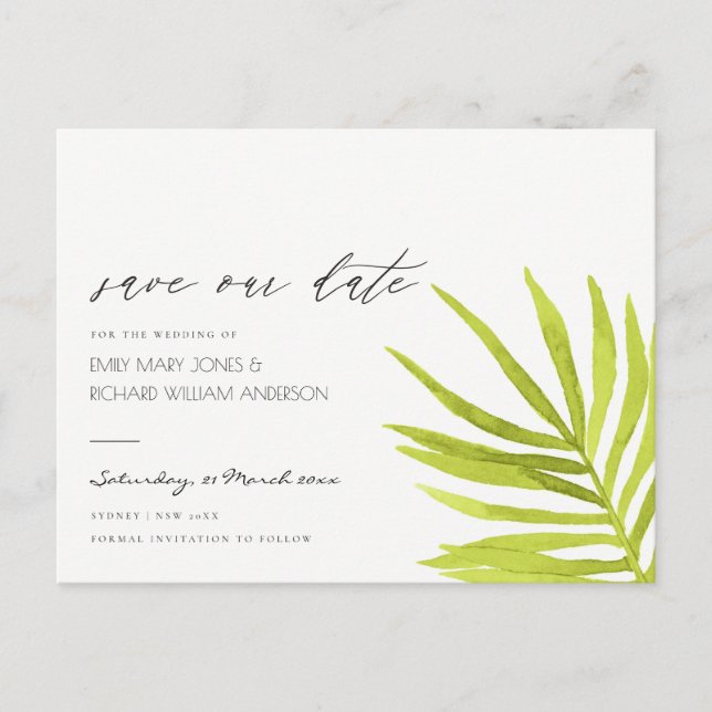 GREEN PALM LEAF WATERCOLOR FOLIATION SAVE THE DATE ANKÜNDIGUNGSPOSTKARTE (Vorderseite)
