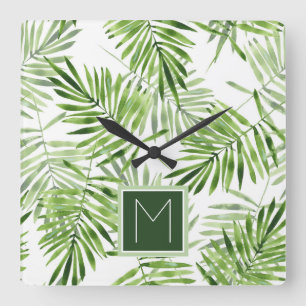Green Palm Leaves   Monogram Quadratische Wanduhr