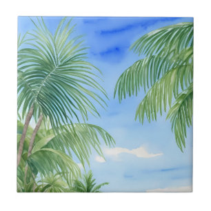 Green Palm Tree Blätter Blue Sky Watercolor Fliese
