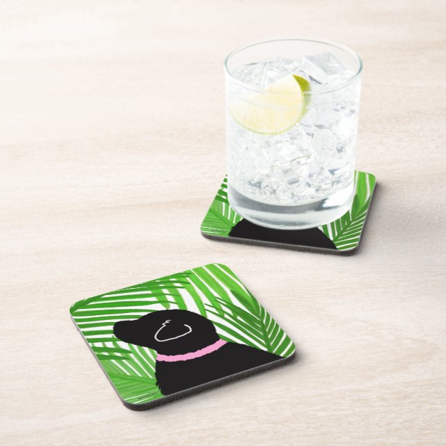 Green Palm Tree Island Black Dog Untersetzer Set (Rechte Seite)