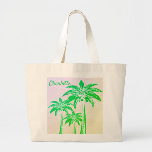 Green Palm Tree Sunset Pink Sky Beach Sommername Jumbo Stoffbeutel