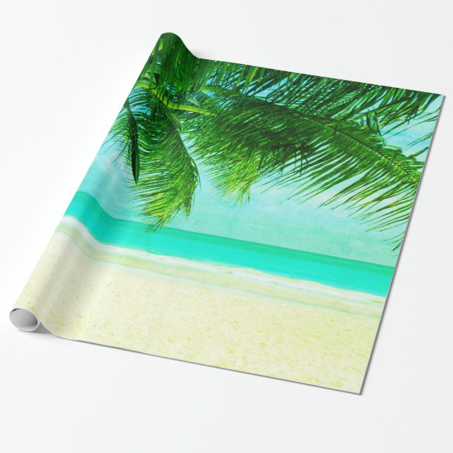 Green Palm Trees on Beach Blue Sea & Sky Geschenkpapier (Ungerollt)
