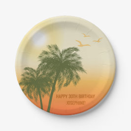 Green Palm Trees Orange Sunset Tropical Birthday Pappteller