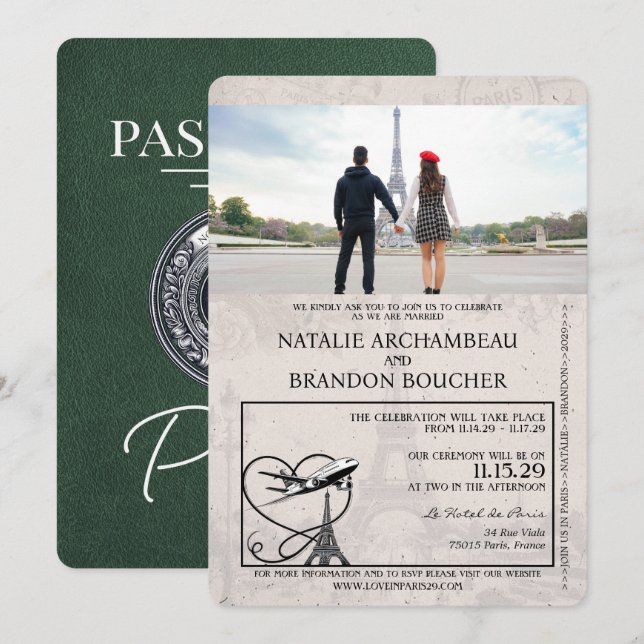 Green Paris Passport Wedding Einladung (Vorne/Hinten)