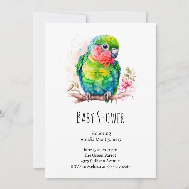 Green Parrot - Niedlich Baby Bird Baby Dusche Einladung (Vorderseite)