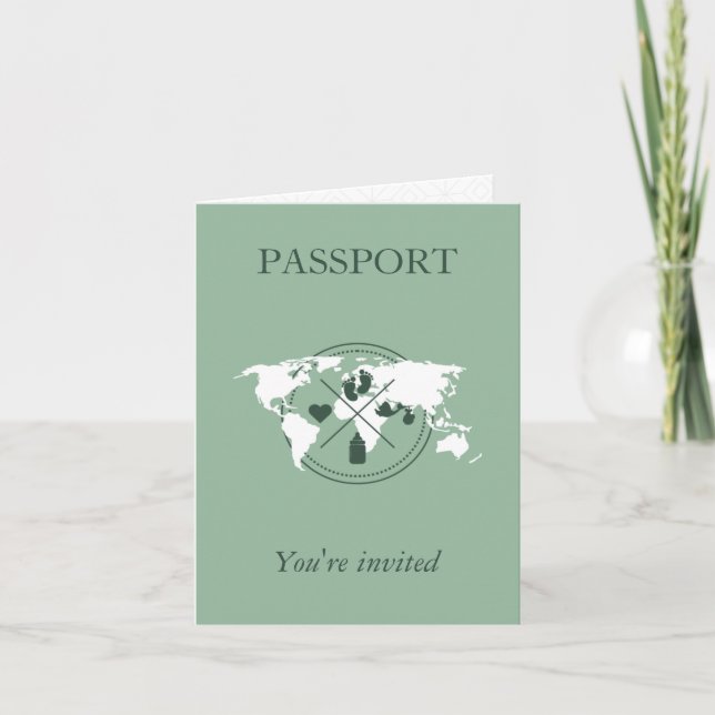 Green Passport Travel Boy Baby Dusche Weltkarte Einladung (Vorderseite)