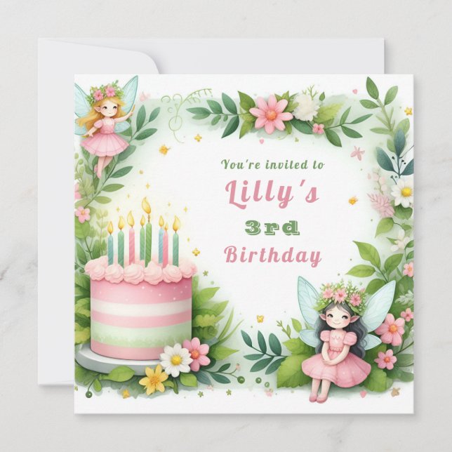 Green Pastel Fairy Birthday - Einladung (Vorderseite)