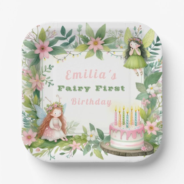Green Pastel Fairy Erster Geburtstag - Pappteller (Vorderseite)