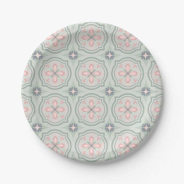 Green Pastel Floral Tiles Pappteller (Vorderseite)