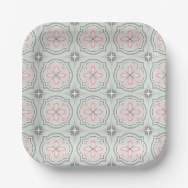 Green Pastel Floral Tiles Pappteller (Vorderseite)