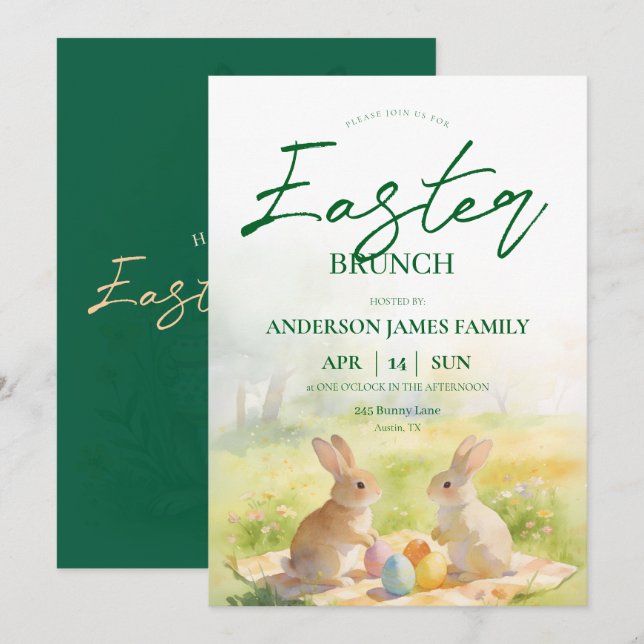 Green Pastel Watercolor Bunny Easter Brunch  Einladung (Vorne/Hinten)